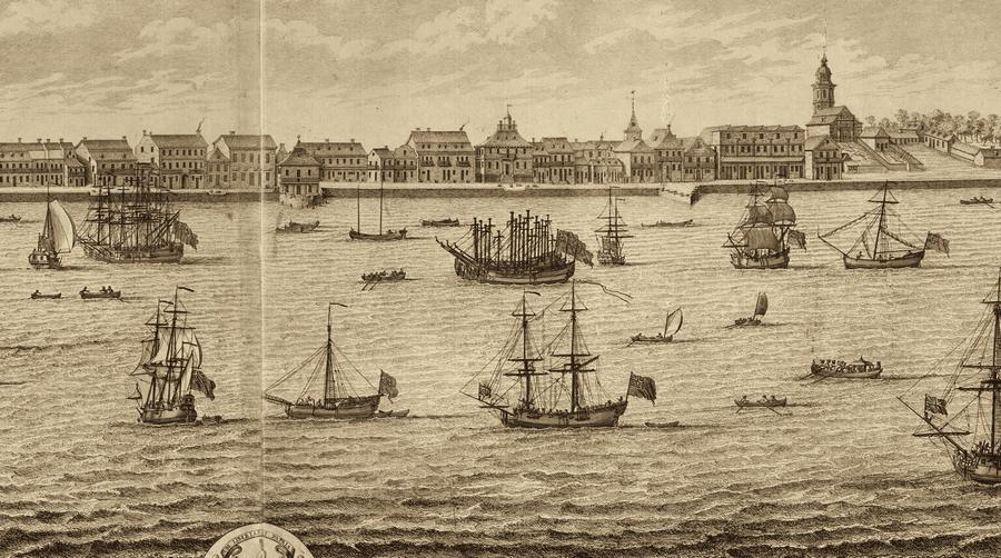 Period engraving of a busy colonial harbour crowded with ships